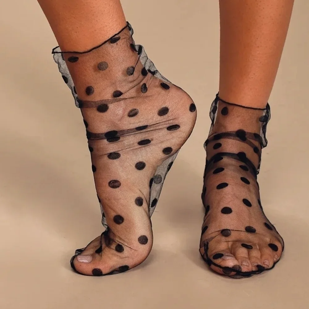 Elegant Black Sheer Polka-dot Mesh Mid-Calf/Ankle Socks with Back Seam